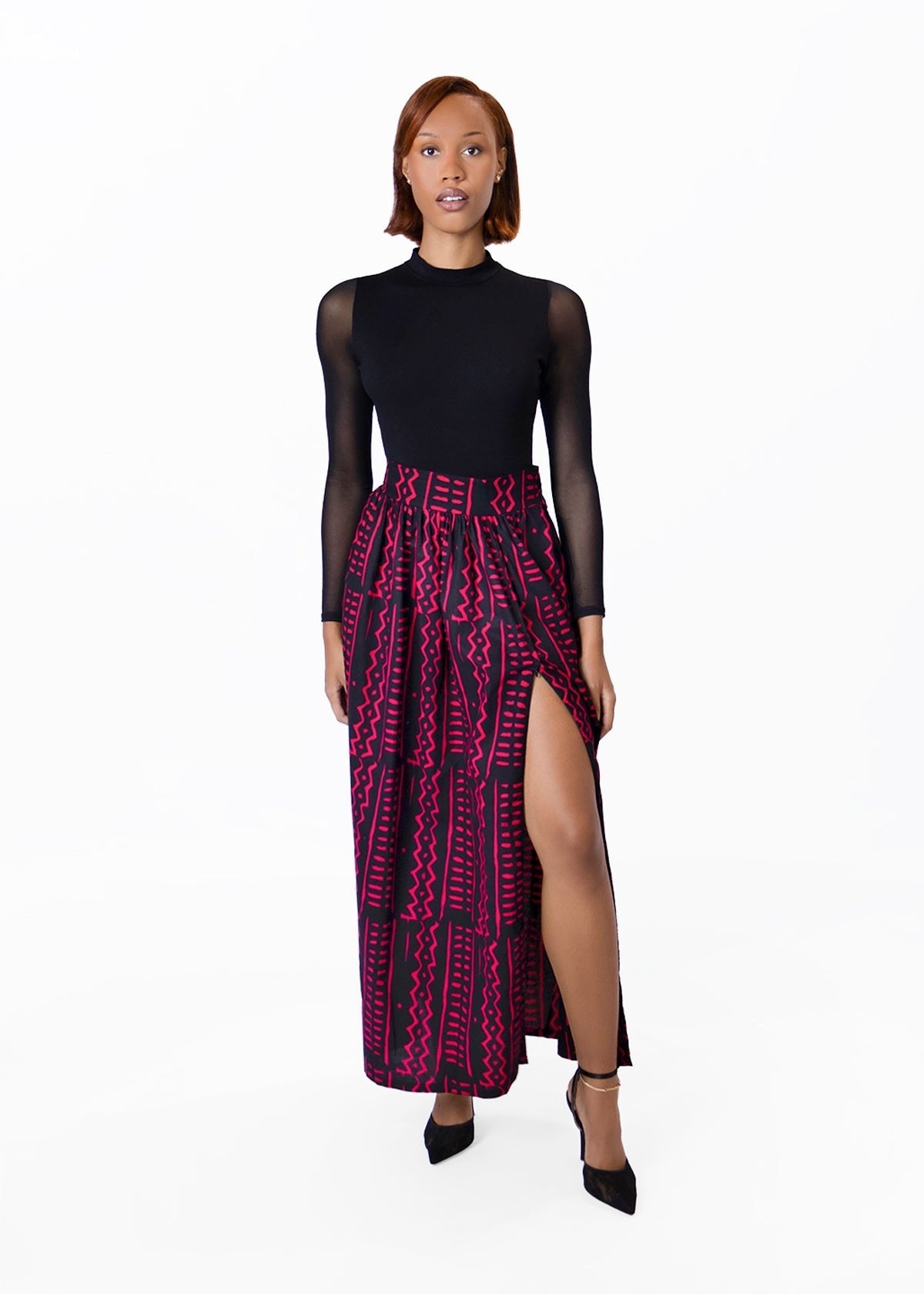 African Print Maxi Skirt (Black Magenta)