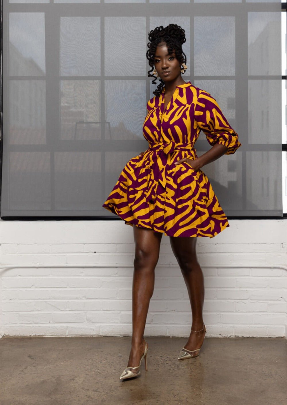 African Print Mini Dress (Gold Zebra Abstract)