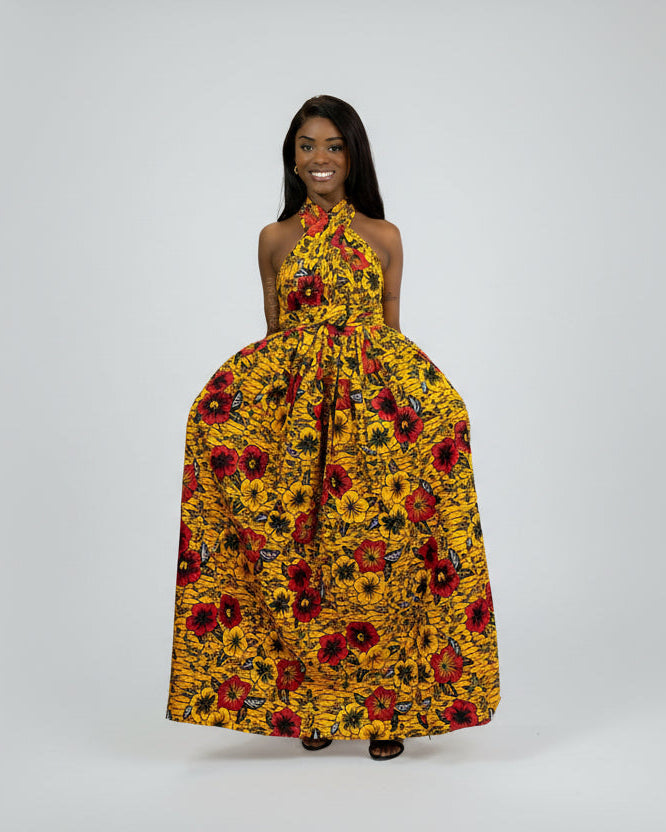 African Print Yellow Flowers Maxi Dress