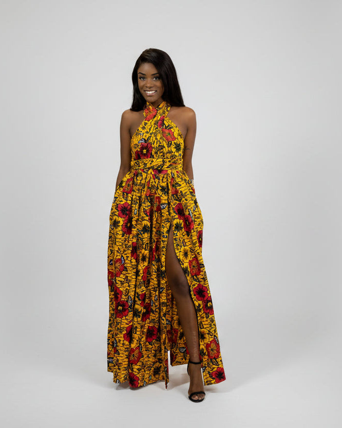 African Print Yellow Flowers Maxi Dress