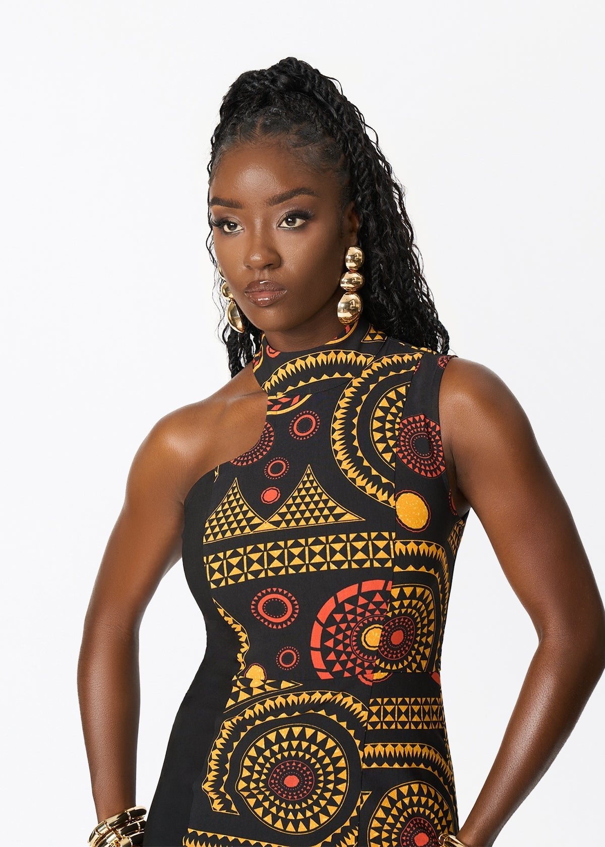 African Print Stretch Gown (Black Spice Medallion)